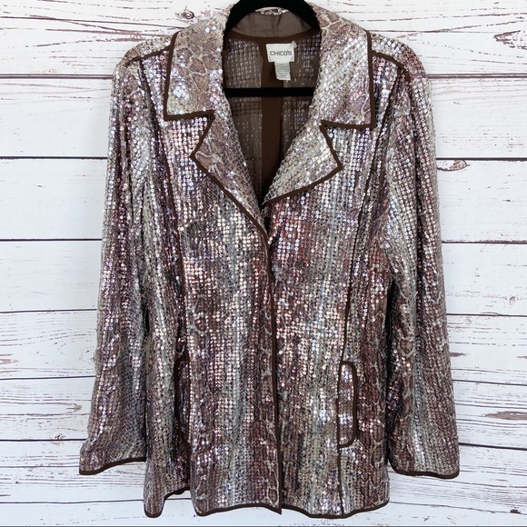 Chico’s Shiny Sparkling Silver Sequin Blazer Coat - Picture 3 of 8